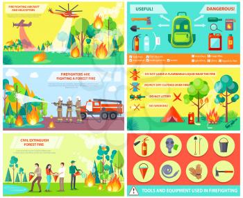 People and aircrafts fighting with fire in forest and rules about right usage various objects outdoors in woods vector collage poster