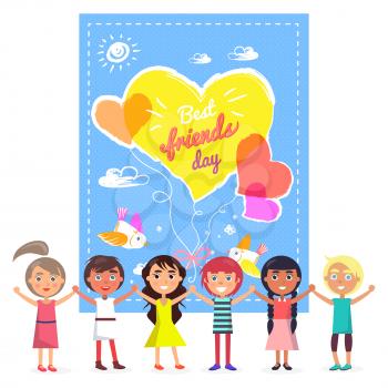 Best friends day banner with colorful hearts and birds. Friendly international children who hold each other hands and raise them vector illustration.