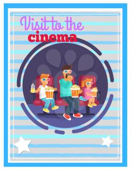 Visit to cinema with family. Father with beard and redhead children watch film with 3D glasses and packs of popcorn vector illustration.