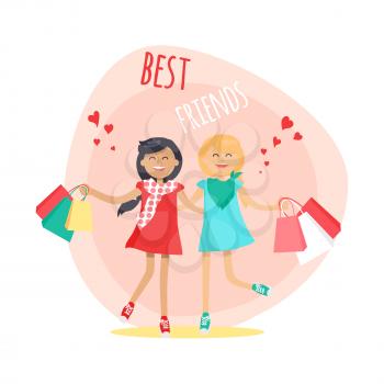 Happy girls with colorful shopping bags friends forever. Dark-haired girl in red dress and blonde girl in blue dress having fun, smiling and holding packages. Female friendship vector illustration.