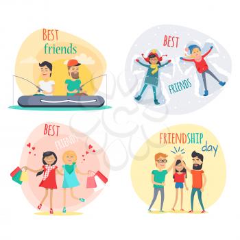 Set of best friends and friendship day flat design isolated on white. Vector illustration of joint fishing two boys, girls shopping, friends makes snow angel and friendly greeting cartoon style