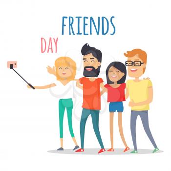 Celebrating friendship day concept. Men and women cartoon characters making selfie photo flat vector on white background. Happy best friends have fun together illustration for holiday greeting card