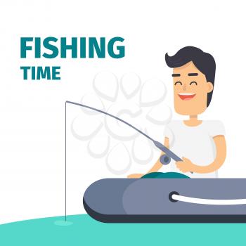 Fishing time concept with fisherman in dinghy. Happy brunette man with rod in hand, seating in floating inflatable rubber boat flat vector on white. Outdoor leisure or recreational hobby illustration