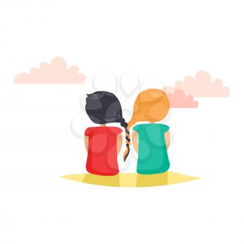 Two girls with closely interwoven braids. Friends sitting on ground and looking at far away. Vector web banner about friendship in cartoon style. Friends day fun pastime with loved reliable friend.