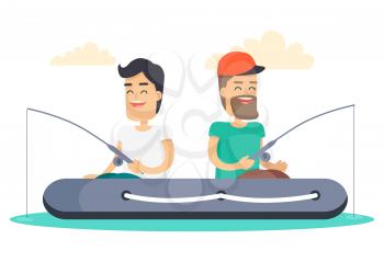 Brunette man in white T-shirt and bearded man in cap sit in inflatable boat and fishing isolated on white background with clouds. Men friendship and leisure activity out on nature vector illustration.