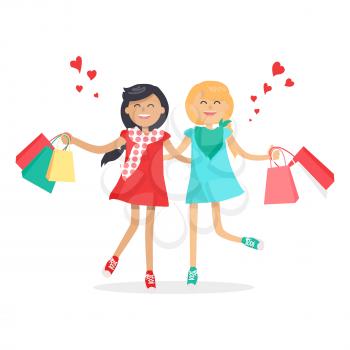 Happy girls with colorful shopping bags friends forever. Lovely pretty women returned from shop with packages, passed cool time together. Female friendship vector illustration in flat style design