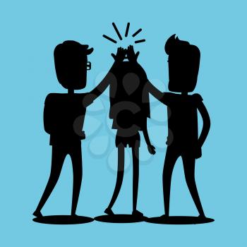 Silhouettes of guys and girl clapping hands together above heads. Best friends spend fun time, friendship day flat design. Vector illustration of unknown unrecognizable people banner in cartoon style