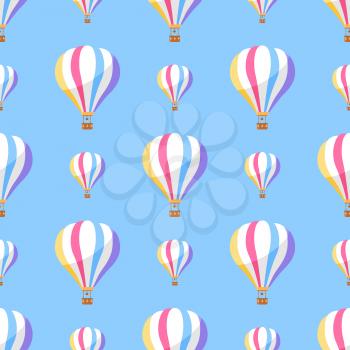 Airballoon with colorful stripes seamless pattern on blue background. Vector illustration of object for travelling by air and watching with basket. Wallpaper design with air means of transportation