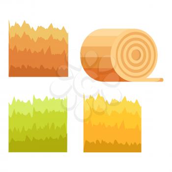 Colorful backgrounds decorative elements for mobile game interface. Green grass, yellow stack of hay, cuted stump of tree, abstract brown fence isolated on white vector illustration in cartoon style