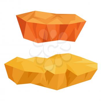 Piece of land in form of precious mineral in orange and golden colors isolated on white. Gaming concept, crystal texture of soil fossils, jewelry gemstones vector illustration in flat style design