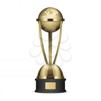 Golden trophy cup with planet Earth graphic icon. Vector illustration of realistic trophies isolated on white. Gold reward on black base with nameplate. Hand drawn pattern cartoon style flat design.
