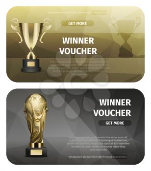 Two cards of winner voucher with golden goblets. Yellow chalice on black pedestal and reward with planet Earth on shoulders of person.