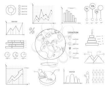 Graphics and charts black and white templates with statistical data, Earth model, numbers in percentage and round diagrams vector illustration.