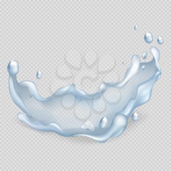 Splash of liquid with droplets on transparent background. Vector illustration of water popple cartoon style flat design.