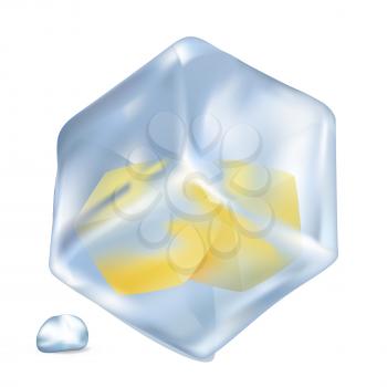 Small frozen lemon cubes in big cold ice cube with shiny water drop beside isolated vector illustration on white background.