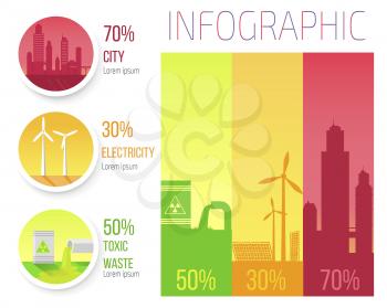 City electricity toxic waste infographic poster with windmills, overpopulated new cities, problem of smog and environment protection vector illustration
