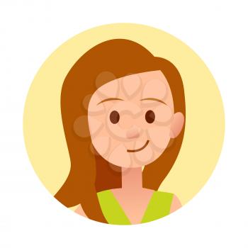 Little girl with brown hair and cute face inside yellow circle isolated vector illustration on white background. Happy nice child portrait.