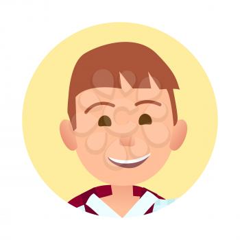 Young boy with broad sincere smile portrait inside yellow circle isolated vector illustration on white background. Childish emotional cartoon face.