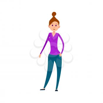 Woman with tuft on head in purple sweater with V-neck, blue sports trousers and black ballet shoes isolated vector illustration on white background.