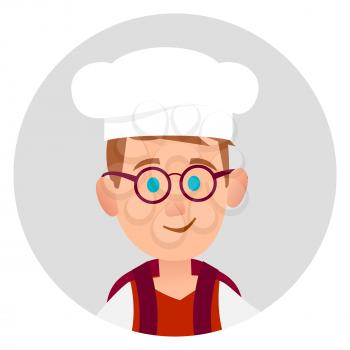 Youngster with glasses and dark red backpack on shoulders in chef s white hood in gray circle, vector isolated illustration in cartoon style