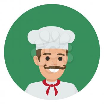 Moustached smiling chief-cooker in white toque and tunic vector illustration. Kitchener portrait in green circle on white background.