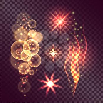 Vector illustration of fading star, multiplied circles and burning radiance. Concept of twinkle actions on transparent background.