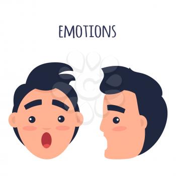 Surprised Men emotions concept. Brunette male face in full face and profile with confused facial expression flat vector isolated on white. Scared or shocked man portrait for icon, avatar illustration