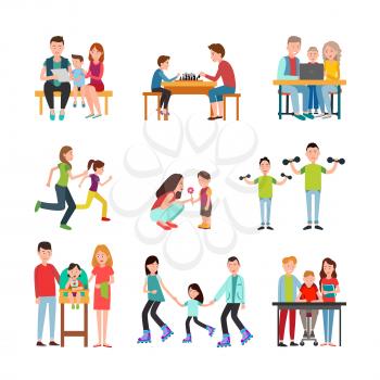Parents teach kid read, play chess, use computer, go jogging, show flower, do exercise, feed baby, go roller-skating, play piano vector illustrations.