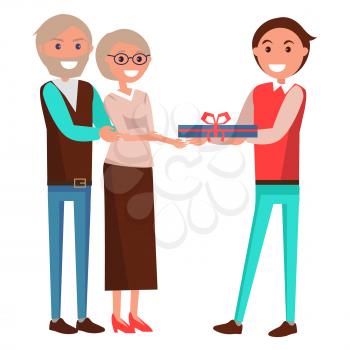 Parents Day banner isolated on white in flat style. Vector illustration of cheerful son giving his middle-aged mother and father present