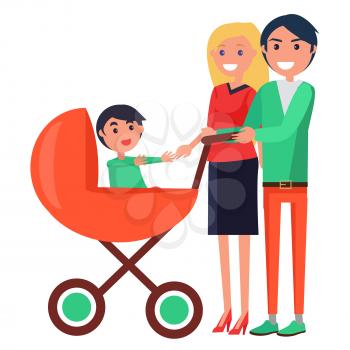 Parents Day Poster vector illustration of happy mother and joyful father on a walk with their young child sitting in stroller