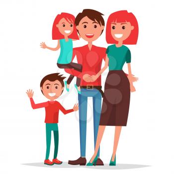 Parents Day Poster vector illustration of cheerful father holding his little daughter, happy mother hugging her husband with their young son isolated on white