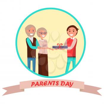 Parents Day banner in round frame with colorful inscription beneath. Vector illustration of cheerful son giving his middle-aged mother and father present