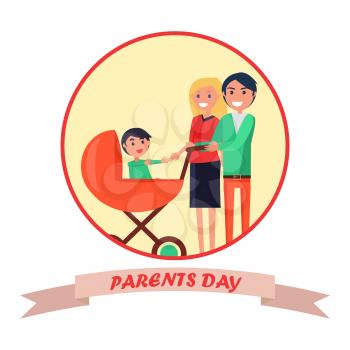 Parents Day banner greeting card vector illustration of happy mother and cheerful father walking with their little child in flat style