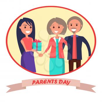 Parents Day banner showing happy family in round circle with inscription underneath. Vector illustration of adult daughter giving her mother and father present