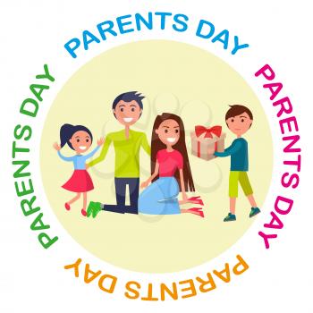 Banner dedicated to Parents Day. Vector illustration of gleeful daughter with her mother and father receiving present from their young son