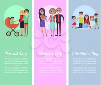 Poster dedicated to Parents , Mother s, Valentine s Days. Vector illustration of families and how they celebrate these special occasions