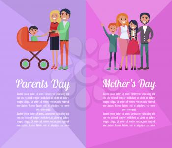 Set of banners devoted to Parents and Mother s Days. Vector illustration of happy families spending time together with their loved ones