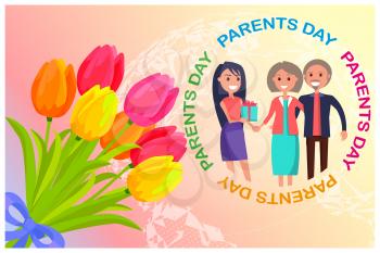 Congratulation card for Parents Day. Vector illustration of daughter giving her parent present with inscription and bouquet of tulips beside it