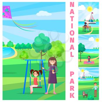Mother holding ice cream and stands near daughter on swing in national park vector poster with three smaller illustrations of human activities outdoor