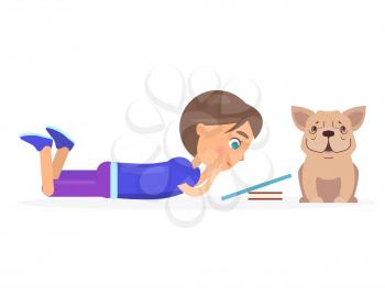 Brunette schoolboy lying on floor and reading blue book with french bulldog vector illustration closeup on white background.