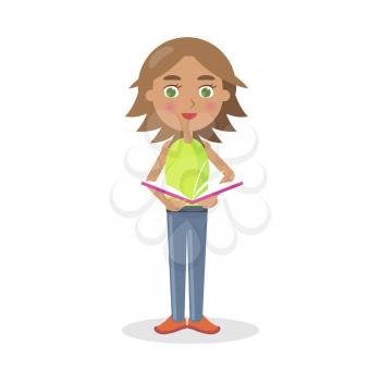 Cartoon girl with big green eyes and pink cheeks stands and holds red book isolated vector illustration on white background.