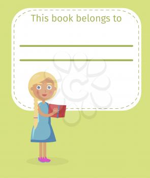 Blonde girl in blue dress holds little red textbook on green book cover with empty space for owner name vector illustration.