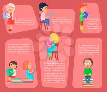 Children sit on chair or pile of textbooks, or stand and read books vector illustrations set with text on pink shapes as background.