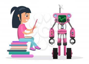 Girl in blouse and jeans profile sits on pile of books and reads beside robot with eyes and powerful antennas isolated vector illustration on white background.