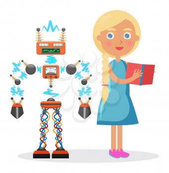 Little blond girl in dress holds book and stands beside robot that spread electricity isolated vector illustration on white background.