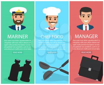 Mariner in pointed cap with black binoculars, moustached chef cook with two soup ladles, young manager and dark suitcase vector posters set