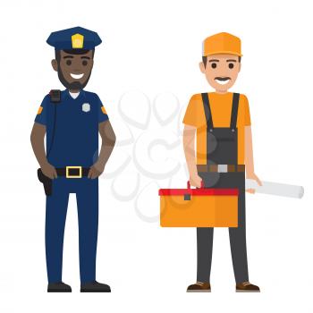 Policeman and builder vector illustration. Police officer with black walkie-talkie on shoulder. Erector with suitcase and project.