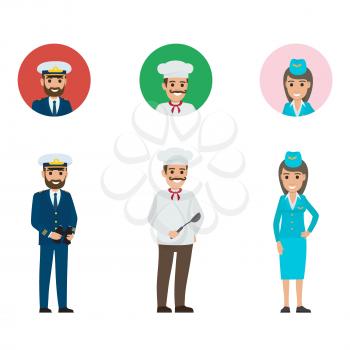 Captain in suit holds binoculars, whiskered chief-cooker with ladle and stewardess in navy forage-cap vector illustration