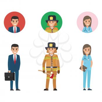 Professions set full length and web buttons vector. Young manager, lifesaver with long axe, doctor or nurse with stethoscope and dark tablet