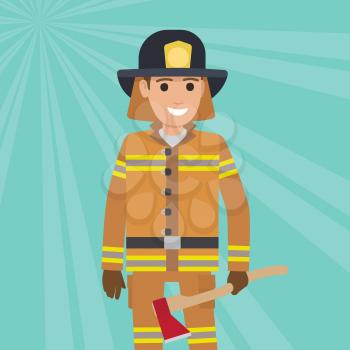 Firefighter in uniform with wooden axe vector illustration. Fireman in safety protective costume in hat with emblem and professional equipment